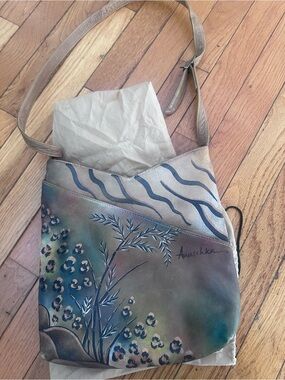 Anuschka Painted Leather Crossbody in Teal, Blue, Gold and Beige